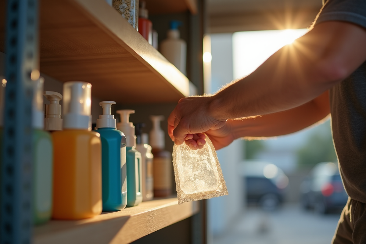 Metteur en scène dépose délicatement une trousse de toilette