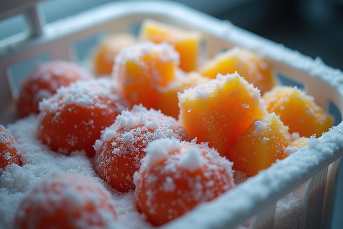 Gros plan sur aliments partiellement décongelés dans le freezer