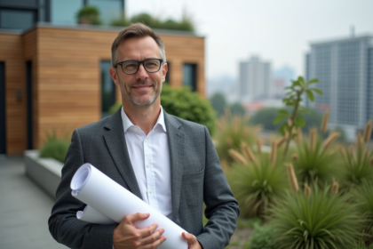 Architecte homme avec plans devant bâtiment écologique