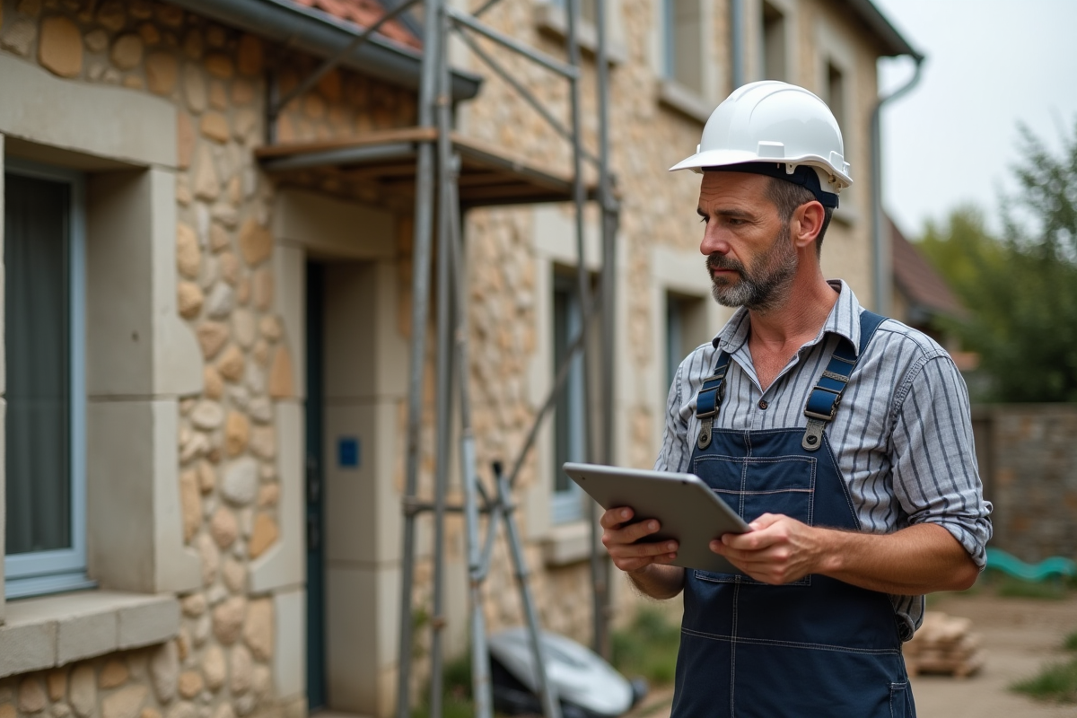 Ouvrier en travaux devant maison ancienne en pierre