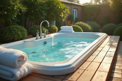 Bain extérieur sur terrasse en bois avec eau cristalline et plantes