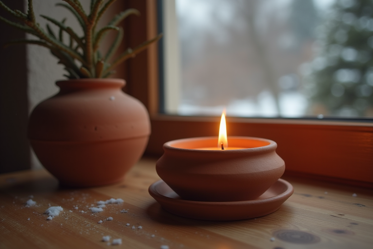 Bougie dans un pot en terre cuite sur une table en bois
