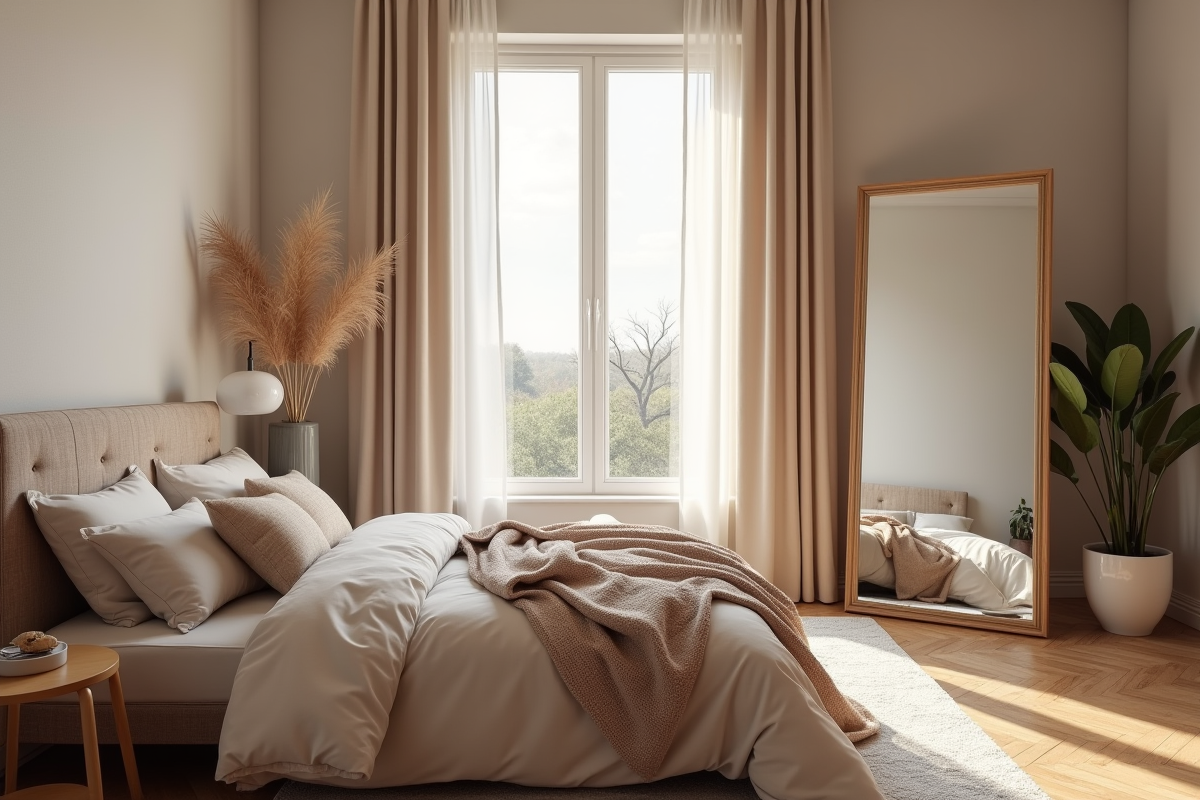 Chambre chaleureuse avec grand miroir reflet naturel