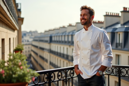 Chef français sur balcon parisien en portrait naturel