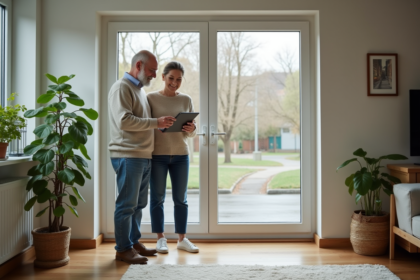 Couple souriant devant une fenetre energie efficace
