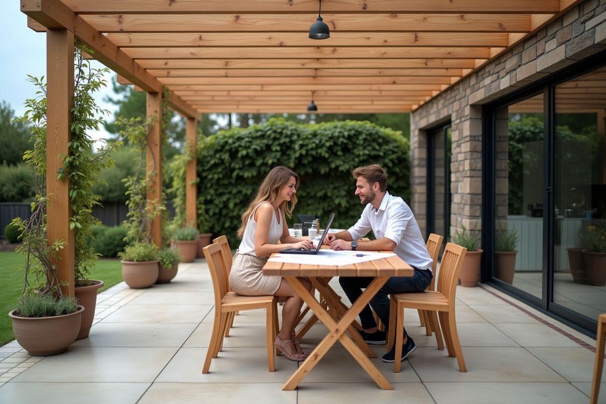 Jeune couple discutant plans de pergola à l