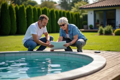 Couple en jardinage près d'un spa dans leur jardin