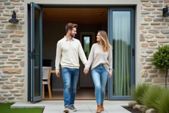 Jeune couple souriant devant leur maison moderne en Bretagne