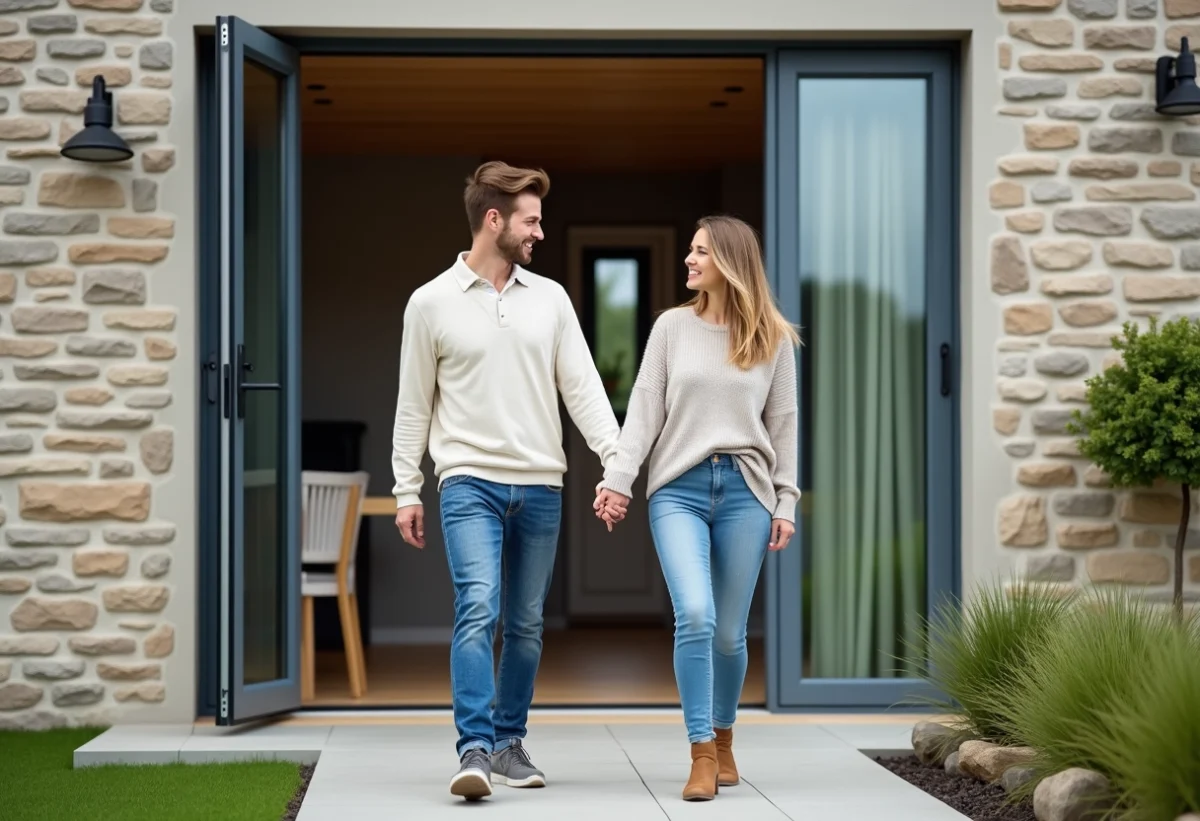 Jeune couple souriant devant leur maison moderne en Bretagne