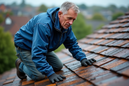 Couvreur middleaged sur toit en bardeaux en bois humide