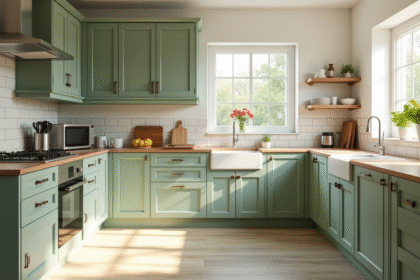 Cuisine moderne avec meubles en vert sauge clair