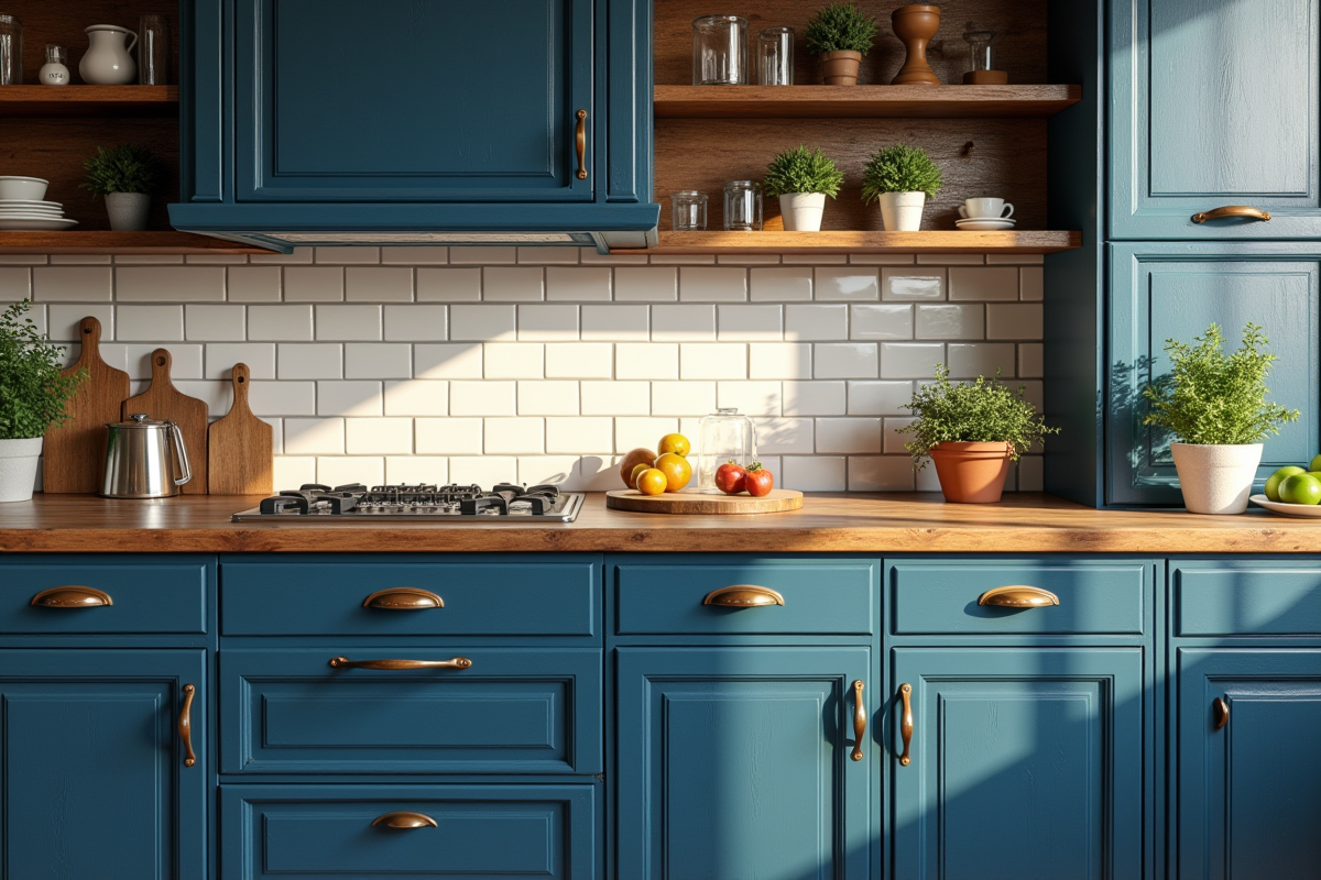 Meubles de cuisine vintage bleu marine avec accessoires