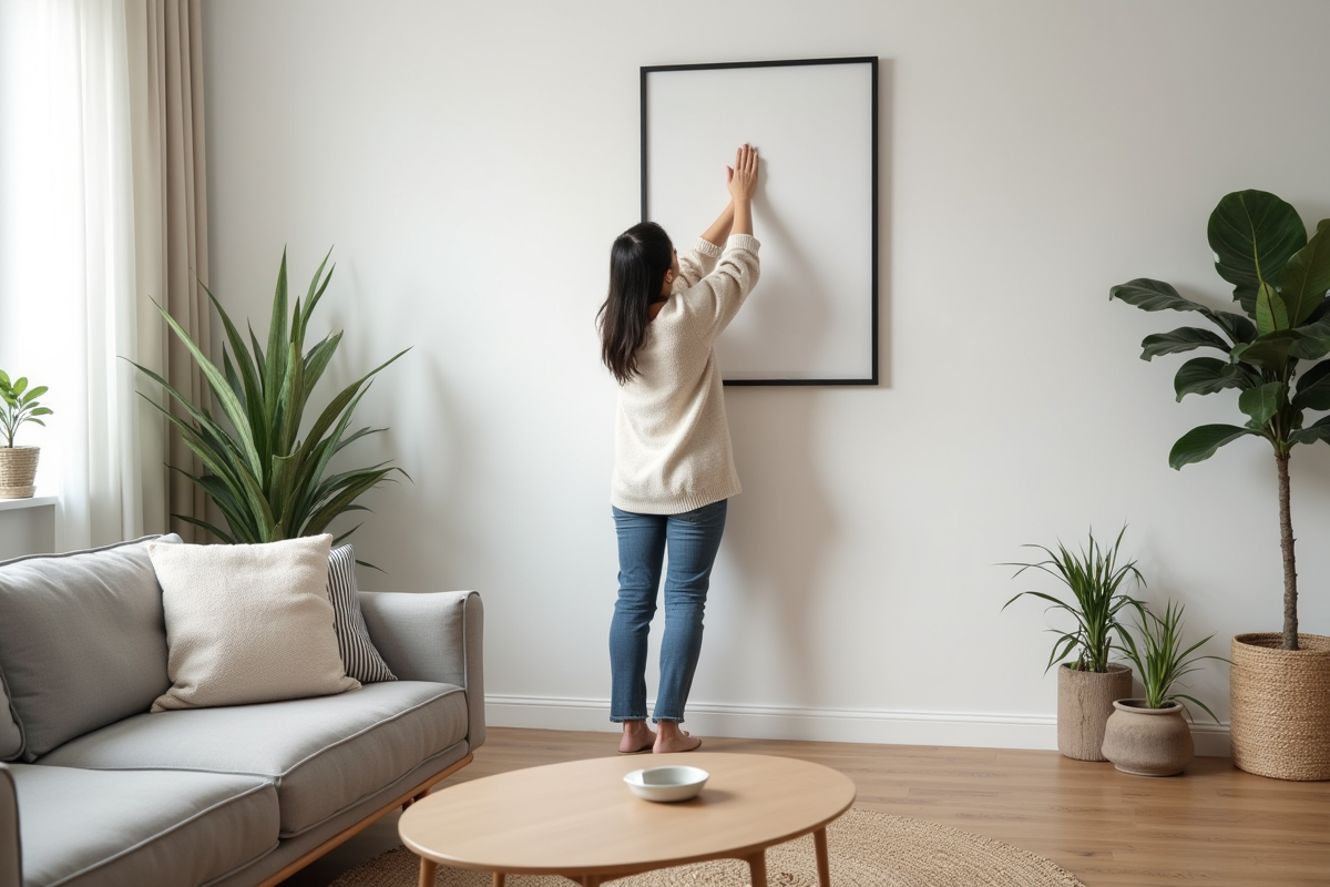Femme décorant un mur dans un salon scandinave moderne