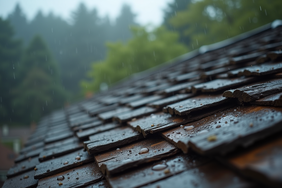 Gros plan sur bardeaux en bois mouilles apres pluie