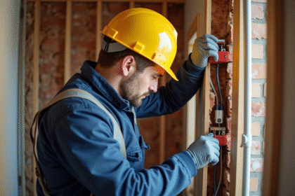 Électricien installant des câbles dans un mur ouvert