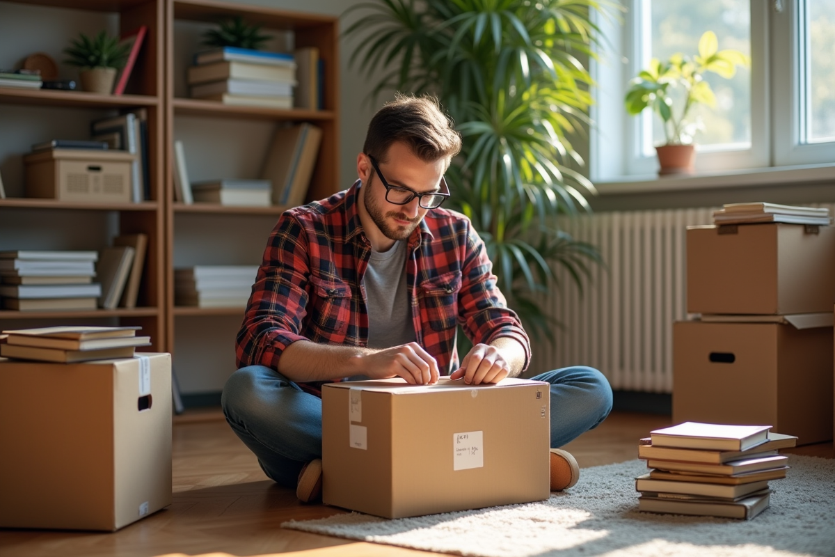 Jeune homme emballant un colis de livres dans un bureau lumineux
