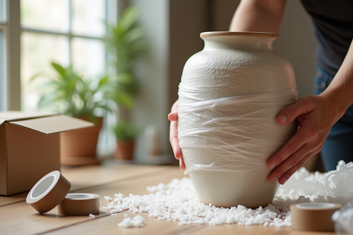 Main enveloppant une vaisselle en céramique fragile dans du papier bulle