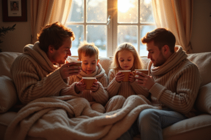 Famille chaleureuse buvant du chocolat dans un salon cosy