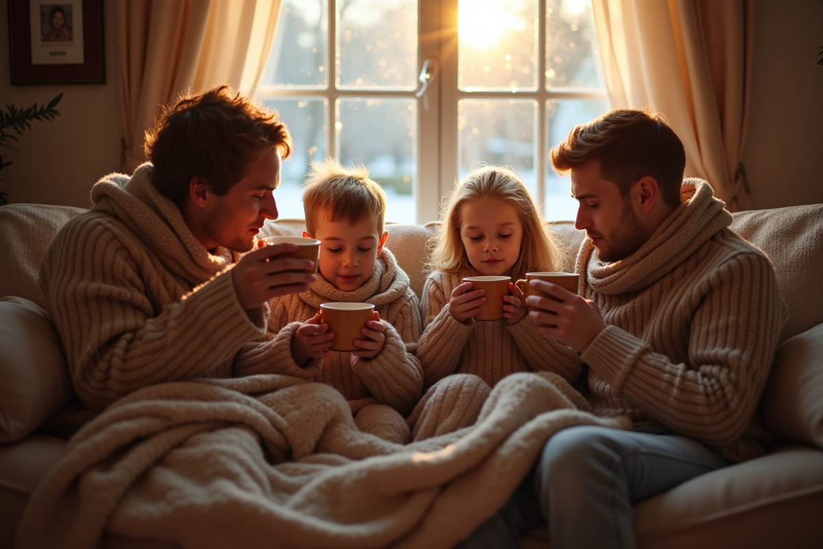 Famille chaleureuse buvant du chocolat dans un salon cosy