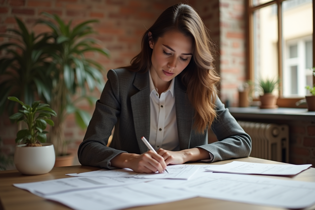 Jeune femme architecte examinant plans de renovation