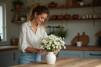 Femme arrangeant un bouquet de marguerites dans une cuisine chaleureuse