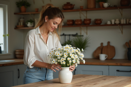 Femme arrangeant un bouquet de marguerites dans une cuisine chaleureuse