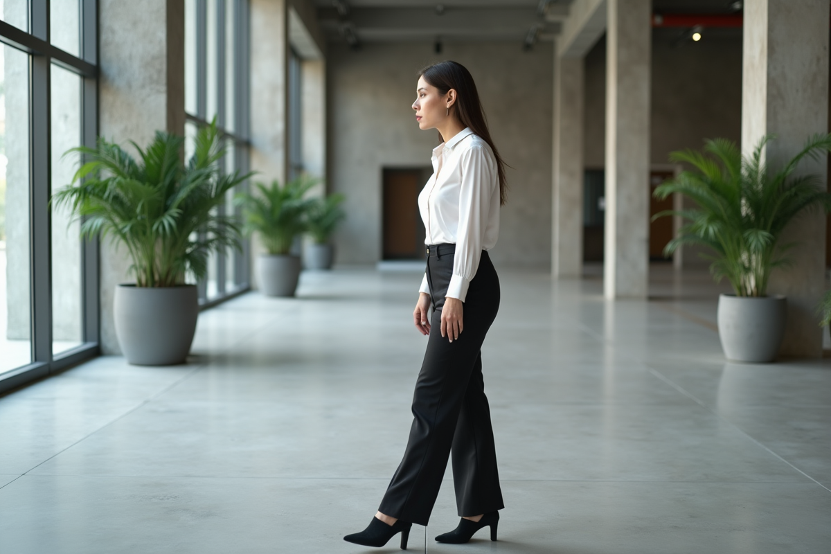 Jeune femme observant un sol en béton industriel dans un bureau moderne