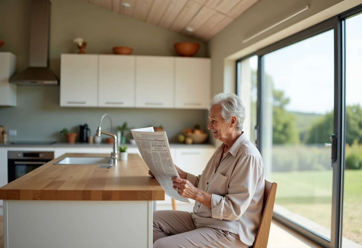 Femme âgée lisant dans une cuisine moderne lumineuse