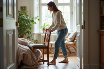 Femme organisant des meubles dans un salon lumineux