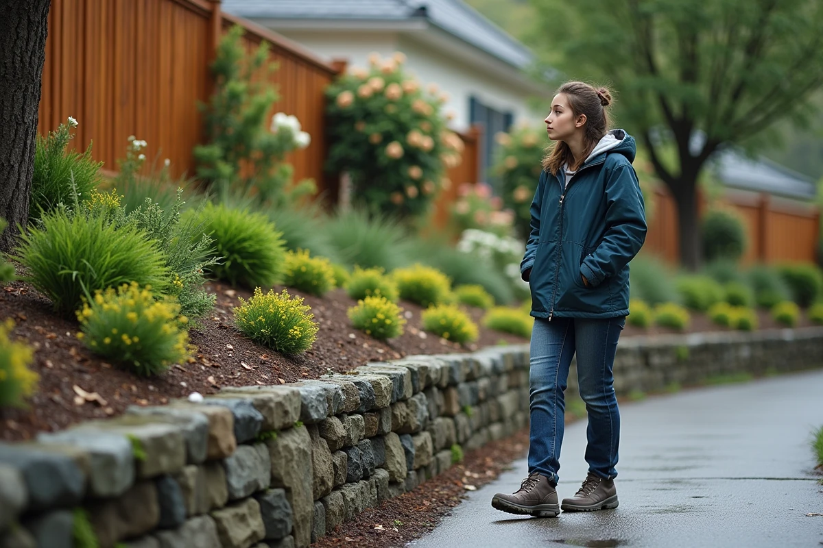 Jeune femme observe des gabions et plantes sur une pente résidentielle