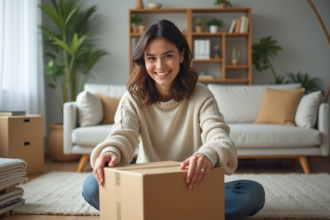 Jeune femme emballant une boîte dans un salon lumineux