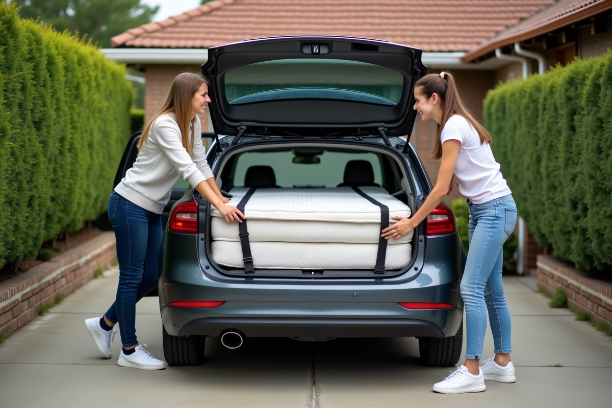 Femme et adolescente attachent un matelas sur une voiture