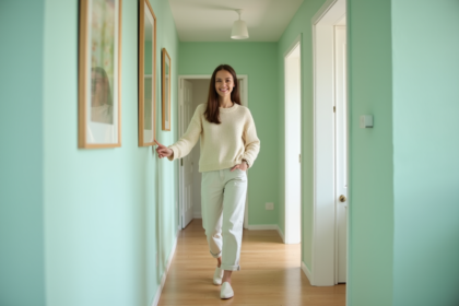 Jeune femme dans un couloir moderne au mur mint vert