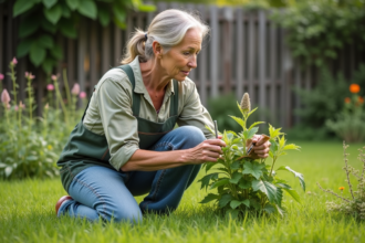 Femme d'âge moyen dans le jardin examine une plante