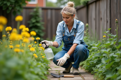 Femme en vêtements de jardinage appliquant un anti-épines naturel