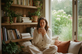 Femme lisant dans un coin lecture avec thé et plantes