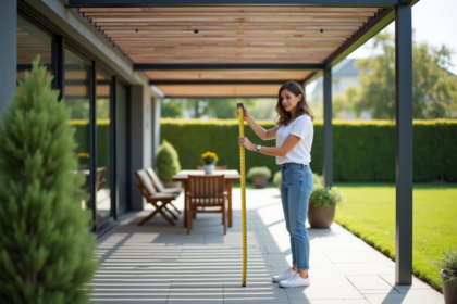 Femme mesurant une pergola moderne dans le jardin