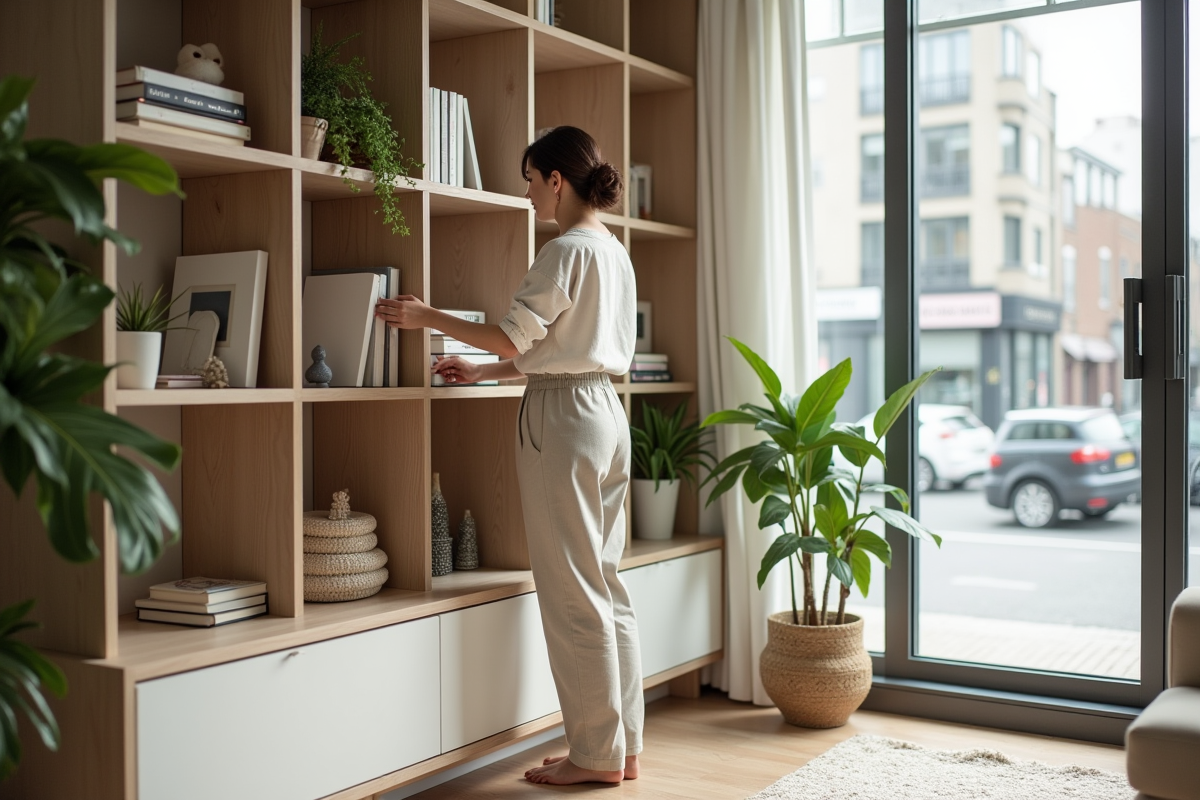 Jeune femme arrangeant des livres dans un salon scandinave