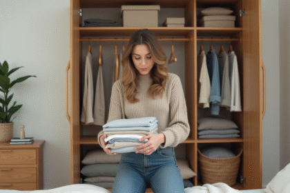 Femme pliant des vêtements dans une chambre minimaliste