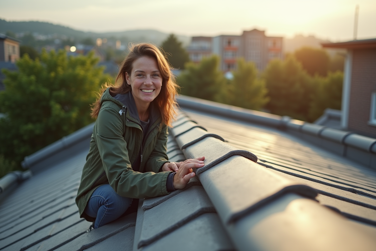 Femme souriante posant sur le toit en tuiles de sa maison