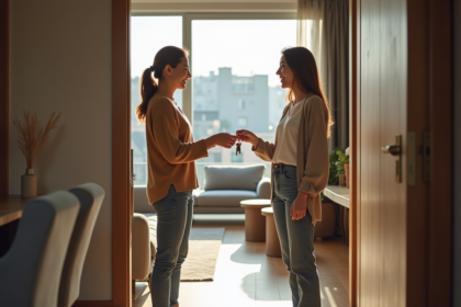 Femme souriante donnant des clés à un couple dans un appartement moderne