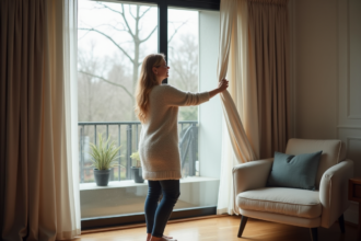 Femme en pull tirant un rideau thermique dans un salon moderne