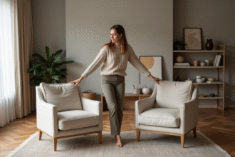 Femme élégante arrangeant des fauteuils modernes dans un salon