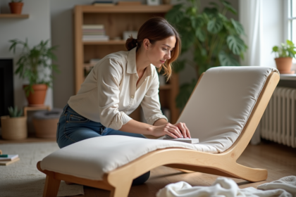 Femme en train de poncer un fauteuil en bois dans un salon cosy