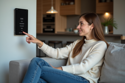 Femme assise sur un canapé avec panneau domotique