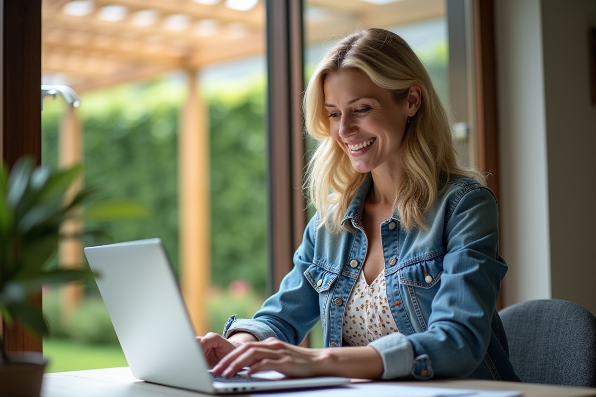 Femme souriante utilisant un ordinateur pour une demande en ligne dans son jardin