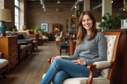 Femme souriante inspectant un fauteuil vintage en boutique