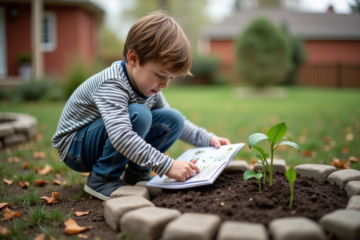 Jeune garçon en jeans observe une jeune pousse dans le jardin