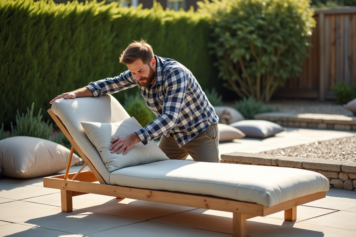 Homme assemblant un fauteuil en plein air sur un patio ensoleille