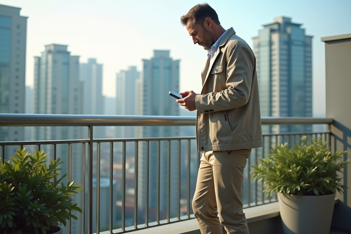 Homme regardant la ville depuis un balcon urbain